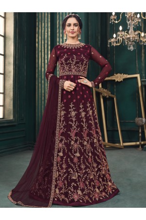 Wine Net Satin Anarkali Gown